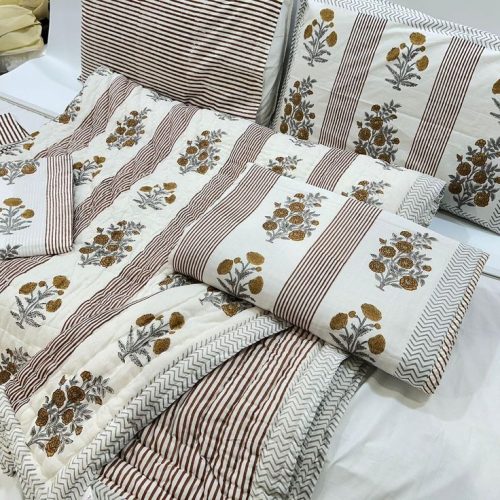 100% Soft Cotton Handmade Yellow Butta Design Hand Block Printed Cotton Razai, Floral Printed Bedcover, Cotton Razai, for Home Decoration