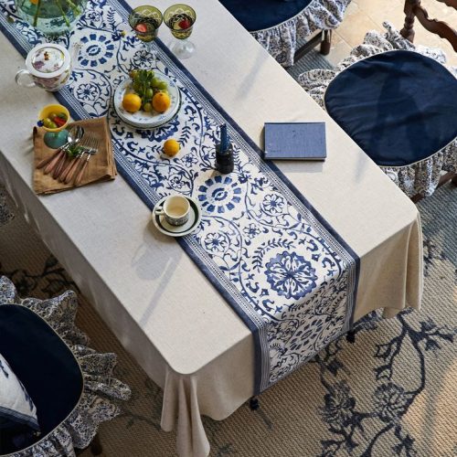 Blue and Pearl White Porcelain Pattern Table Runner, Indigo Blue Printing Fabric Table Runner - Custom Size Table Centerpiece - Custom Decor