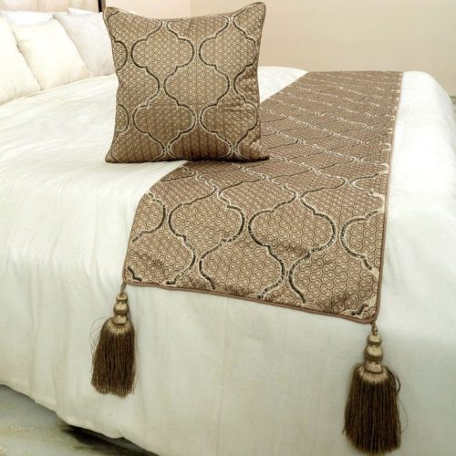 Lattice Balance - Jacquard Silk Taupe Beige Decorative Bed Runner and Pillow Cover - Full 68 x 18
