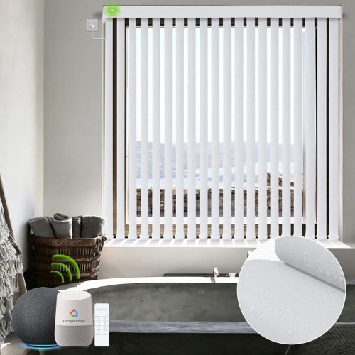 Yoolax Motorized Vertical Blinds Works with Alexa, Light Filtering Smart Blinds with Remote Control Custom Size, Blackout Automatic Blind with WiFi Power Motor for Sliding Glass Door (V-White-Vinyl)